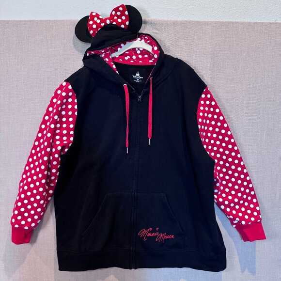 Minnie Mouse Disney Parks Zip-Up Hoodie Sweatshirt 3X Red Polka Dot Sleeves Ears - Picture 1 of 11